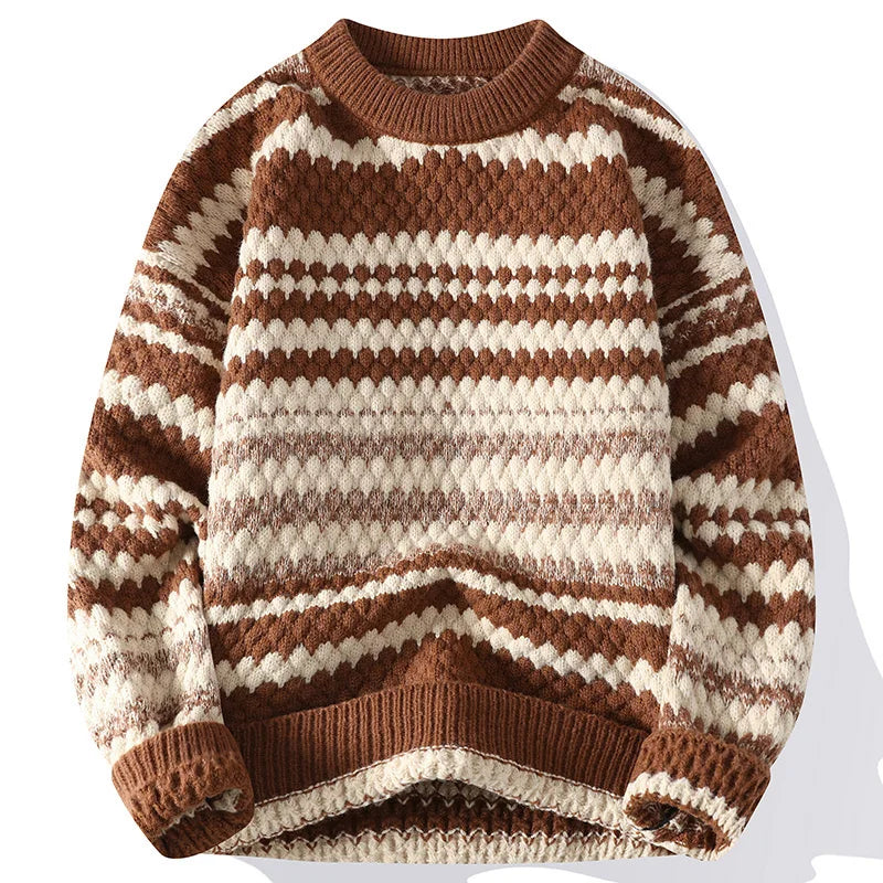 Suéter Masculino Tricô Texturizado Listrado Gola Redonda Blusa de Frio