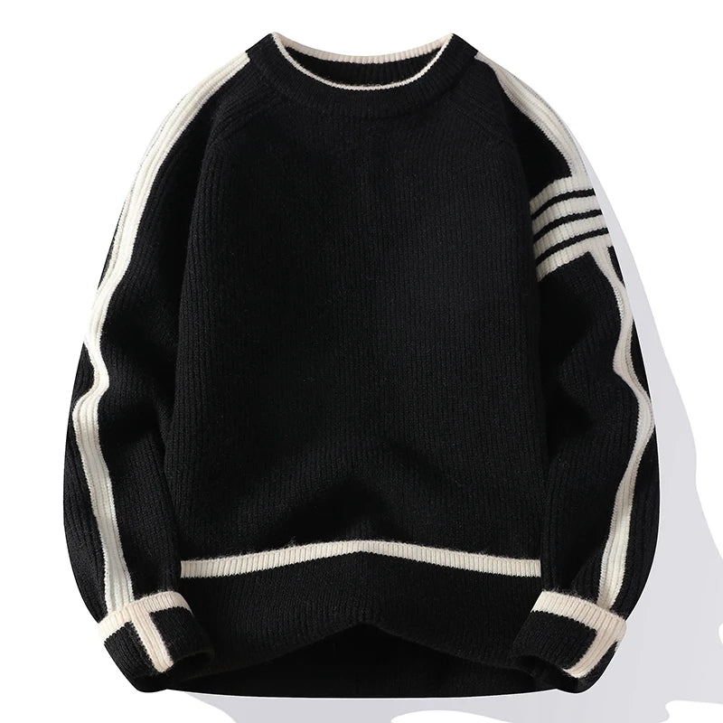 Suéter Masculino de Tricô Canelado Manga Raglan com Listras Laterais