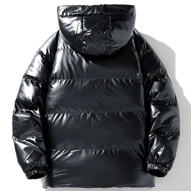 Jaqueta Masculina Puffer Brilhante com Capuz Oversized Glossy Black