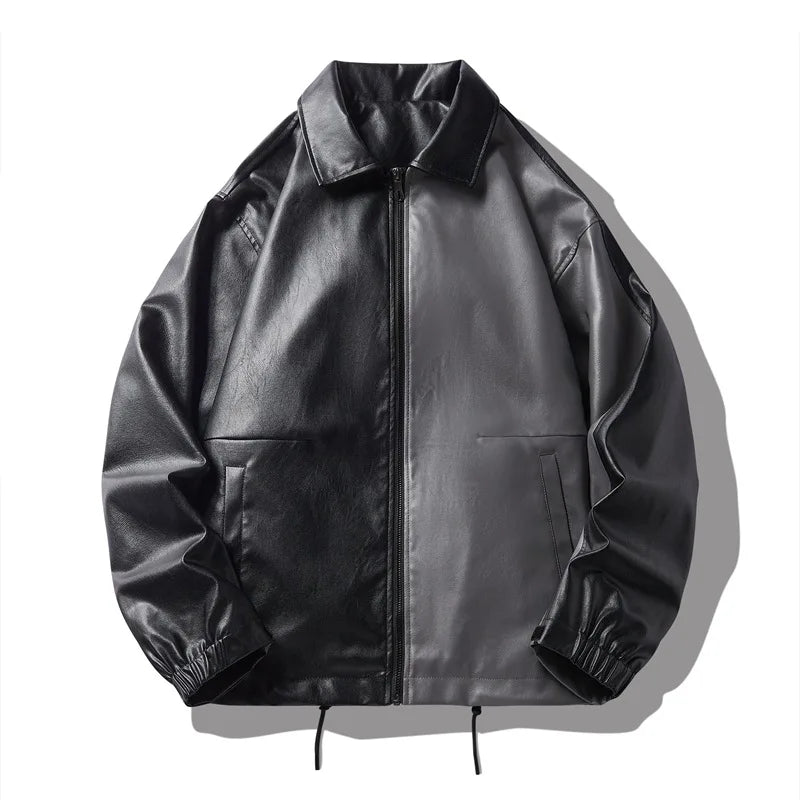 Jaqueta Masculina Couro PU Bicolor Oversized Streetwear Split