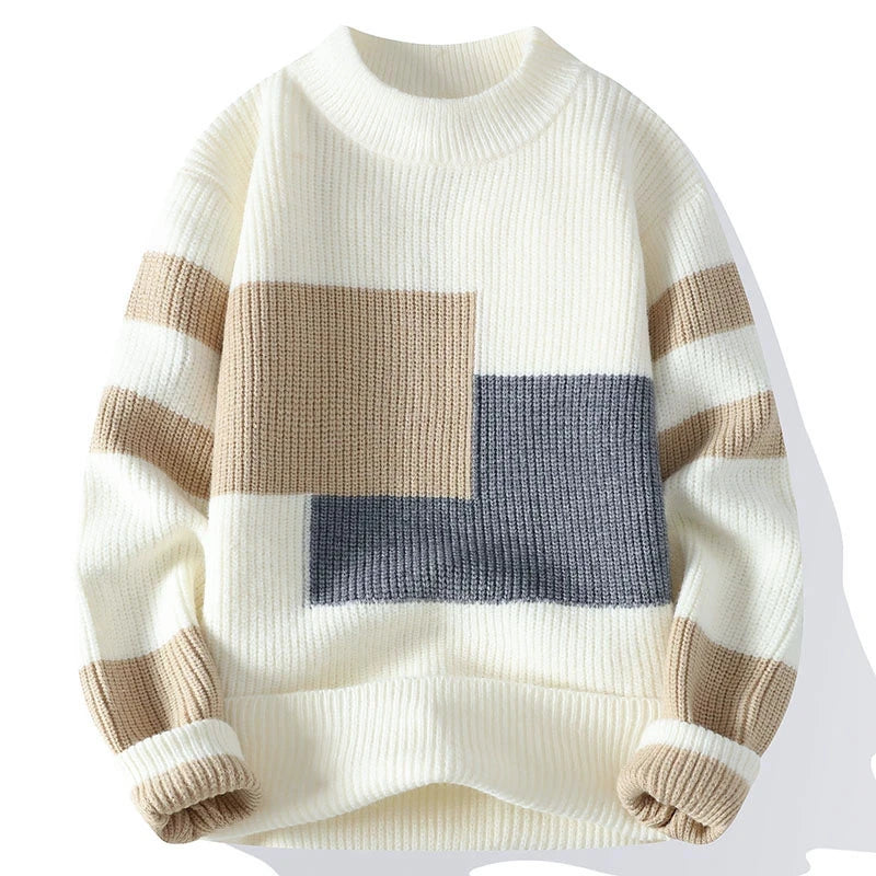 Suéter Masculino Tricô Colorblock Geométrico Estilo Urbano