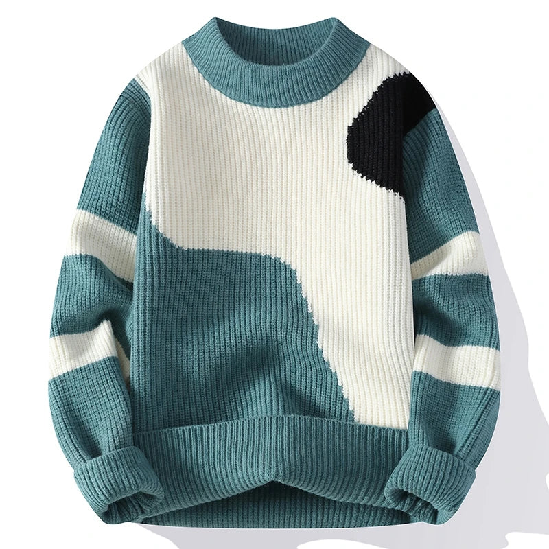 Suéter Masculino de Tricô Canelado Assecundário Abstrato Gola Redonda