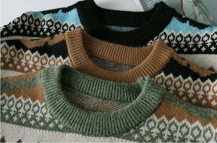 Suéter Masculino de Tricô Estampa Étnica Fair Isle Jacquard Gola Redonda