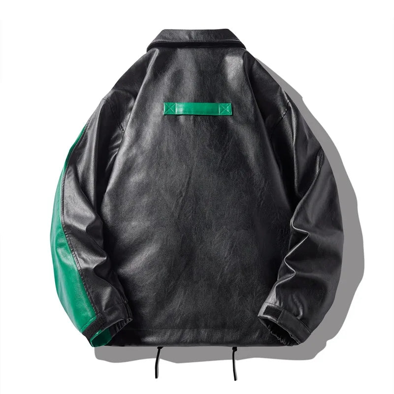 Jaqueta Masculina Couro PU Bicolor Oversized Streetwear Split