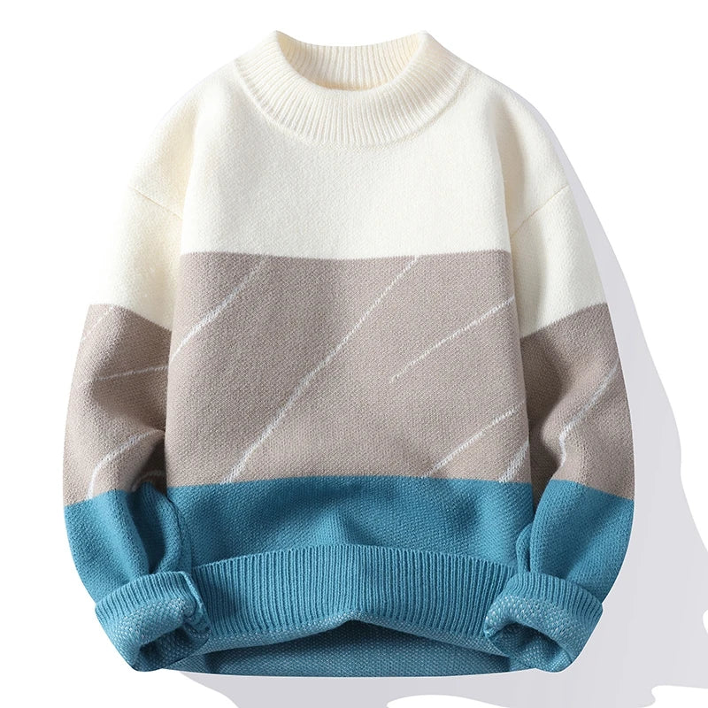 Suéter Masculino Tricô Colorblock Bloco de Cores Gola Média