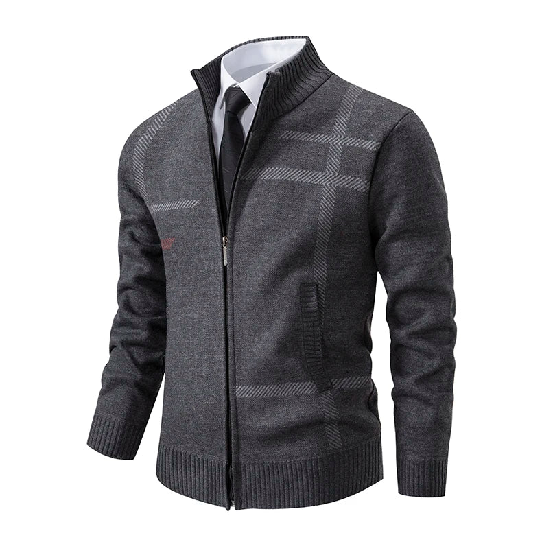 Casaco Masculino de Tricô Xadrez com Zíper e Gola Alta