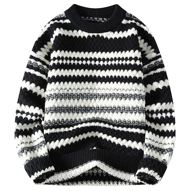 Suéter Masculino Tricô Texturizado Listrado Gola Redonda Blusa de Frio