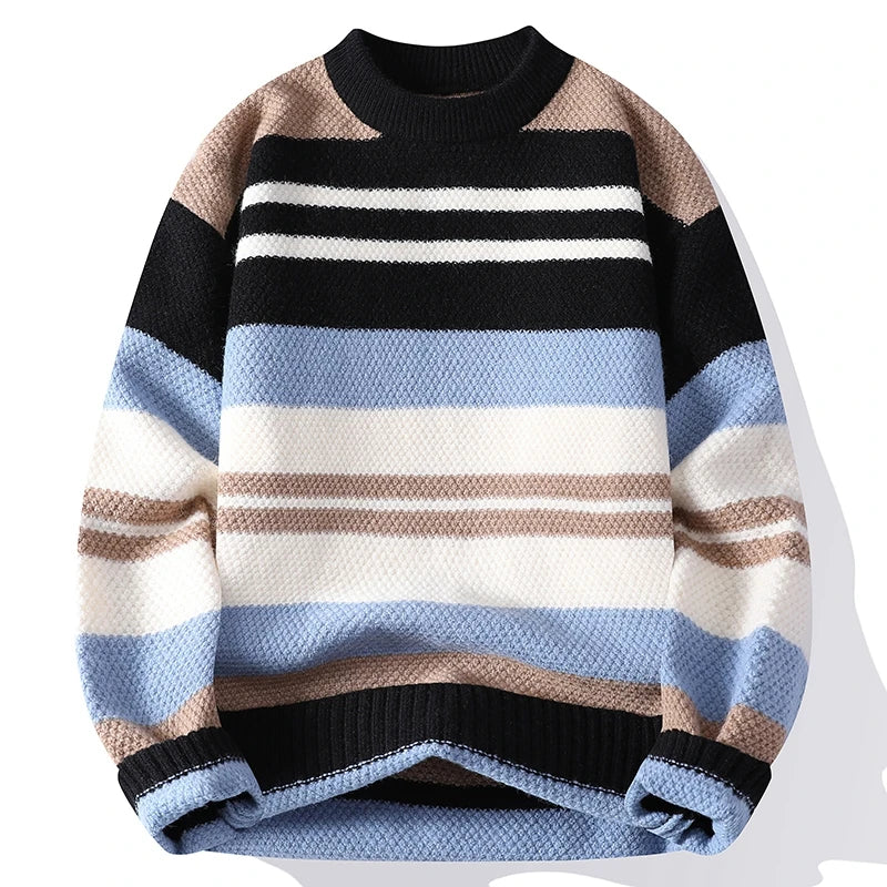 Suéter Masculino Tricô Listrado Gola Média Blusa de Frio Multicolor