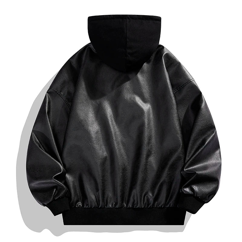 Jaqueta Bomber de Couro Masculina com Capuz Oversized