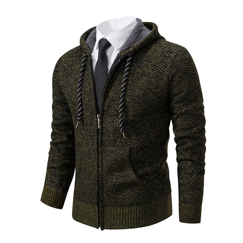Casaco Masculino de Tricô com Zíper e Capuz Inverno