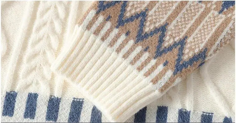 Suéter Masculino de Tricô Jacquard com Faixas Geométricas e Gola Redonda