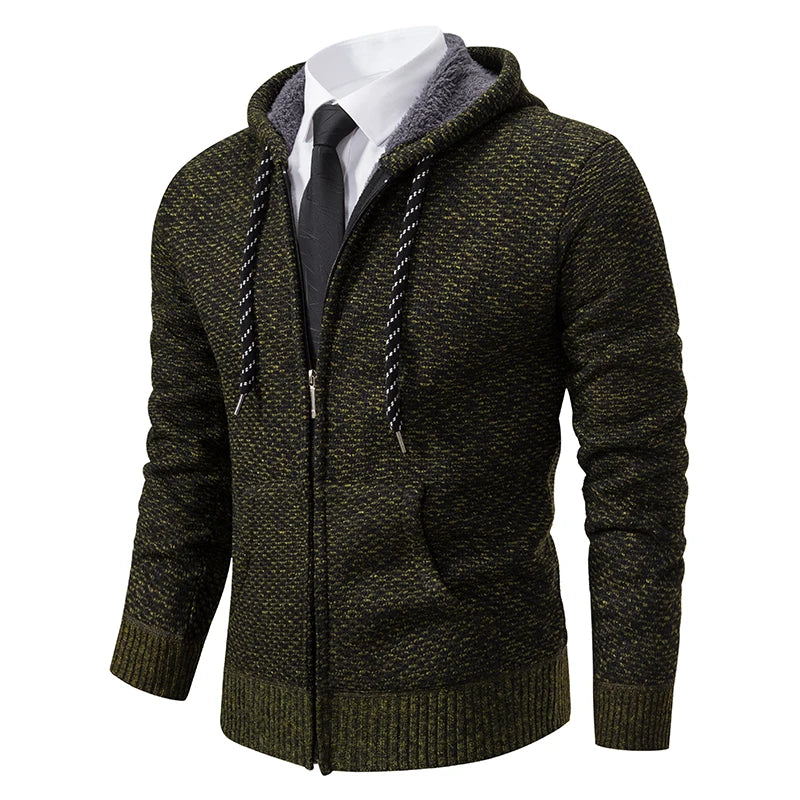 Casaco Masculino de Tricô com Zíper e Capuz Inverno