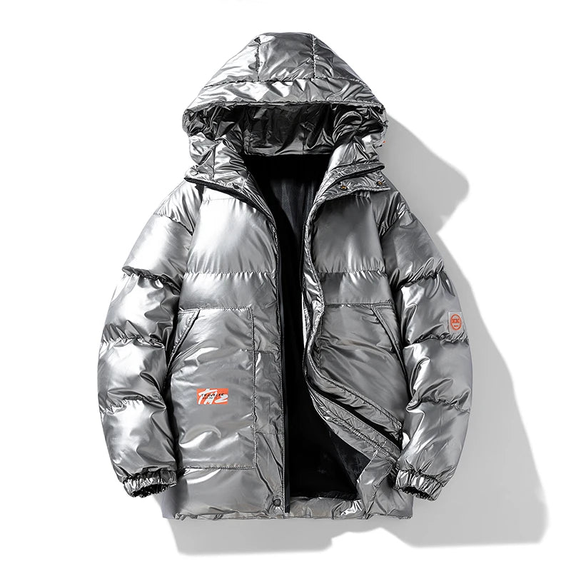 Jaqueta Masculina Puffer Brilhante com Capuz Oversized Glossy Black