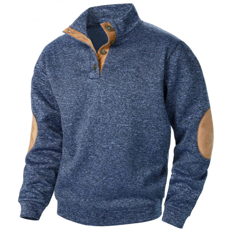 Blusa De Frio Masculina Suéter Com Gola De Botões E Cotoveleira