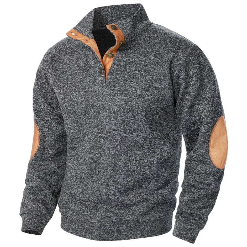 Blusa De Frio Masculina Suéter Com Gola De Botões E Cotoveleira
