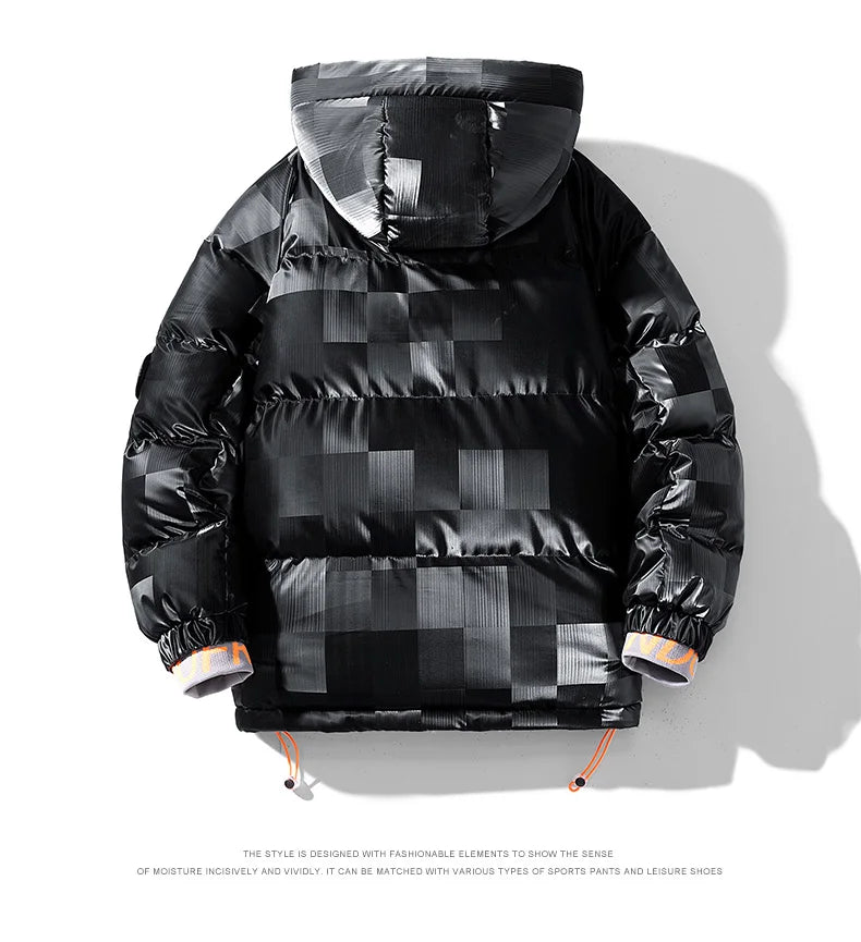 Jaqueta Puffer Masculina Streetwear com Capuz e Detalhe Laranja
