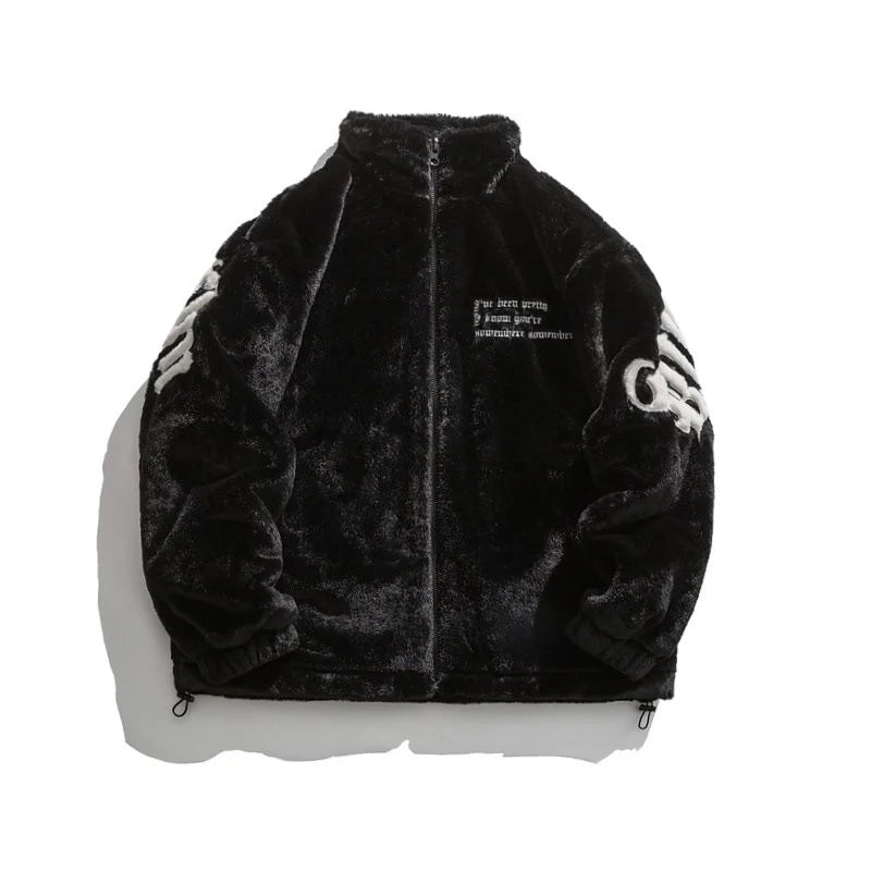 Jaqueta Teddy Masculina Bordada Streetwear Oversized Gola Alta