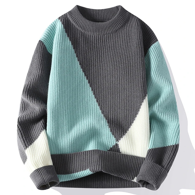 Suéter Masculino Tricô Canelado Geométrico Oversized