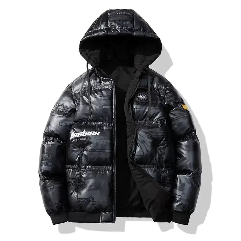 Jaqueta Masculina Puffer Metalizada Streetwear com Capuz