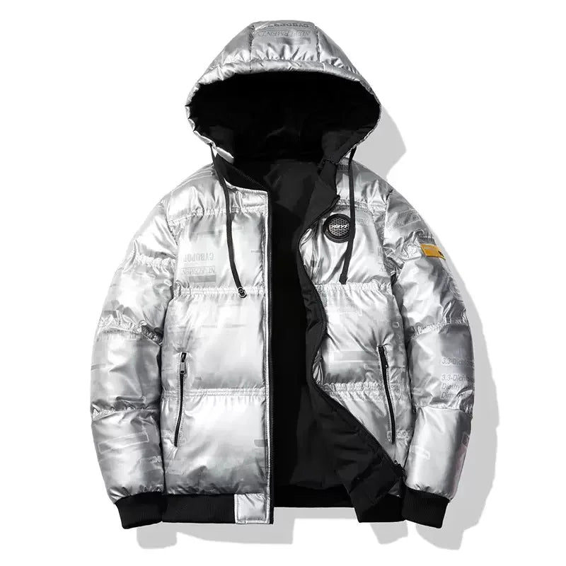 Jaqueta Masculina Puffer Metalizada Streetwear com Capuz