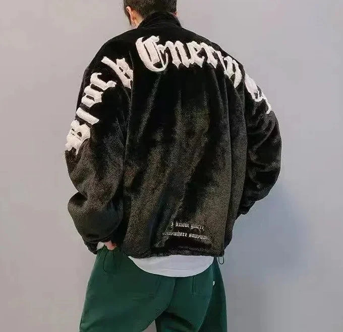 Jaqueta Teddy Masculina Bordada Streetwear Oversized Gola Alta