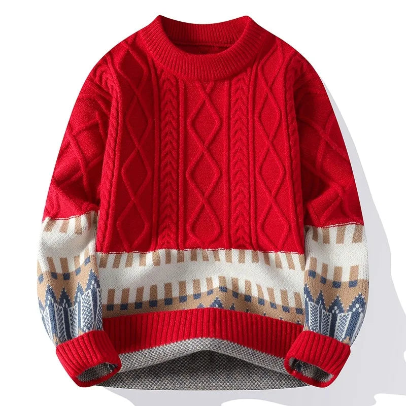 Suéter Masculino de Tricô Jacquard com Faixas Geométricas e Gola Redonda