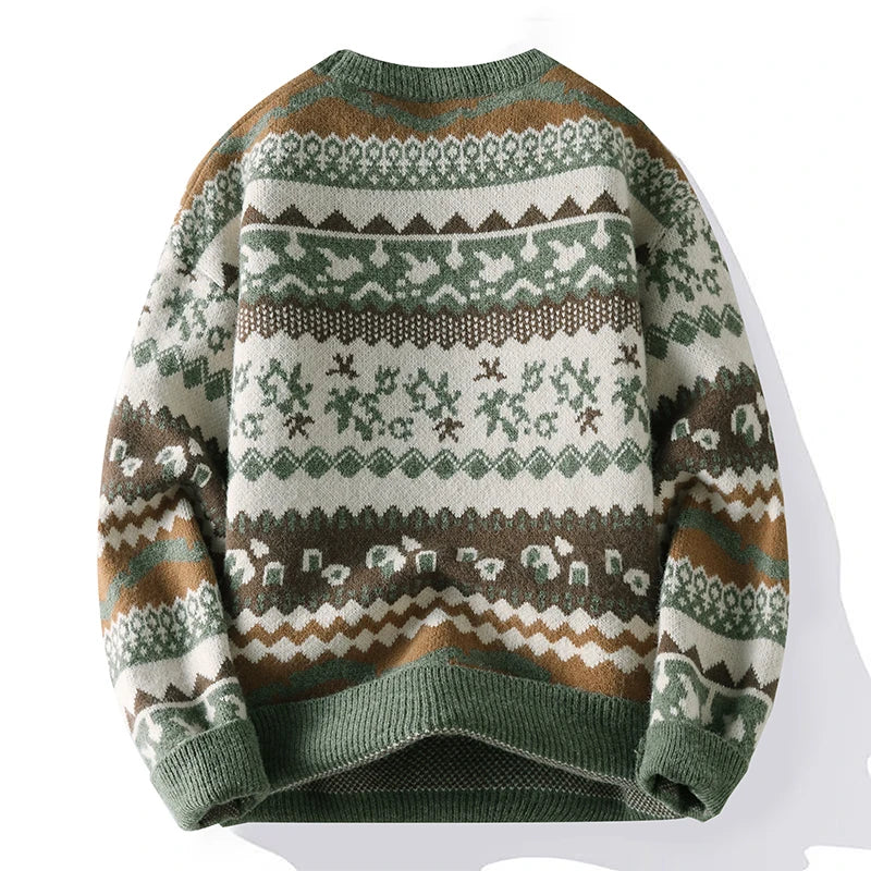 Suéter Masculino de Tricô Estampa Étnica Fair Isle Jacquard Gola Redonda