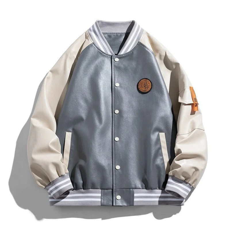 Jaqueta Varsity Masculina de Couro Sintético Bomber