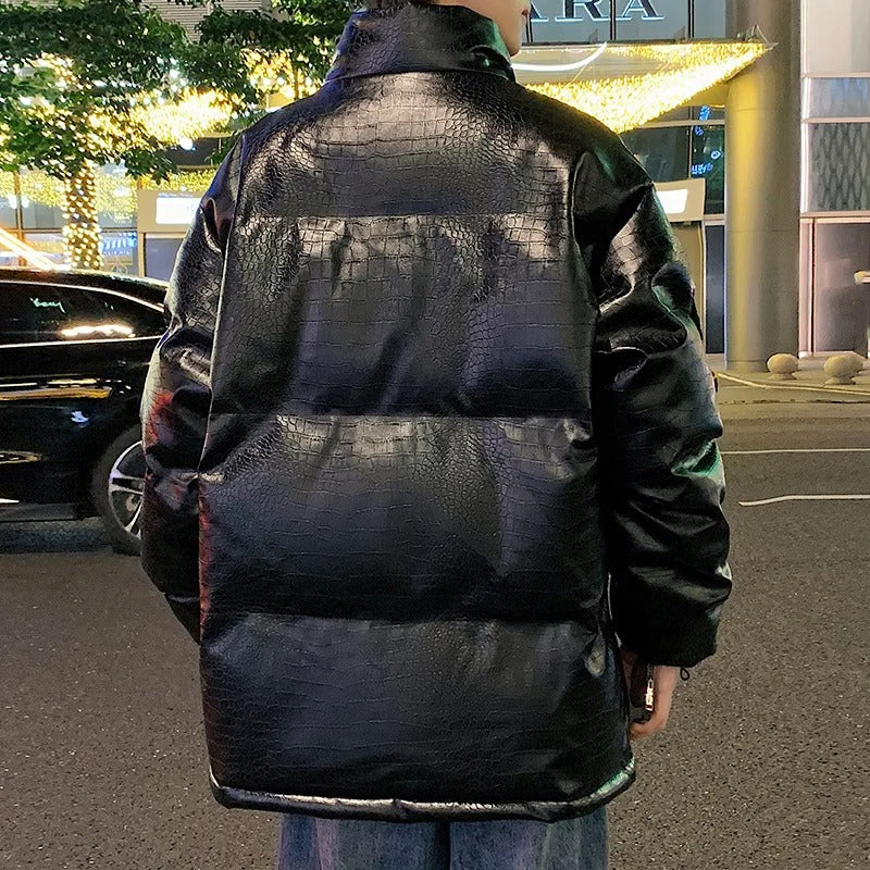 Jaqueta Parka Couro PU Xadrez Acolchoada | Unissex Inverno