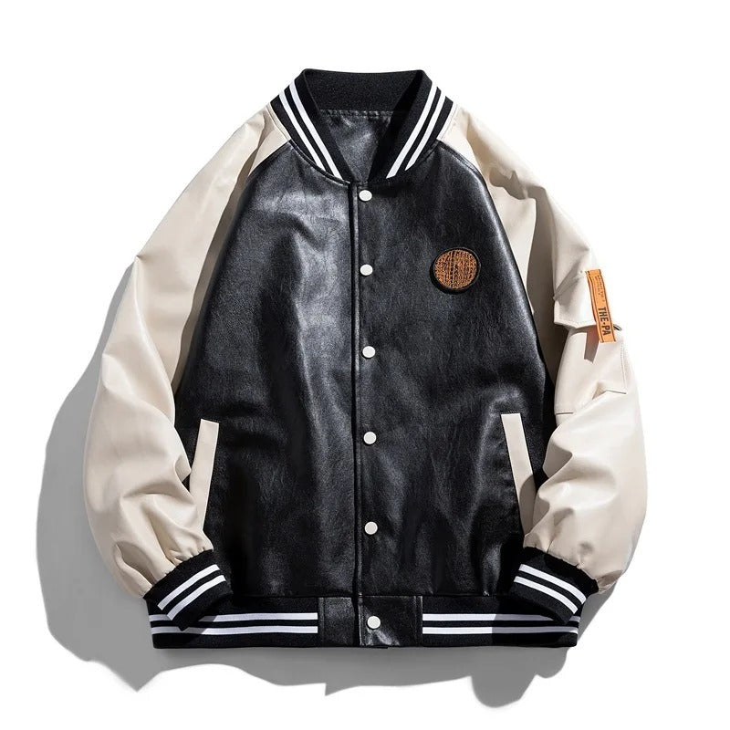 Jaqueta Varsity Masculina de Couro Sintético Bomber