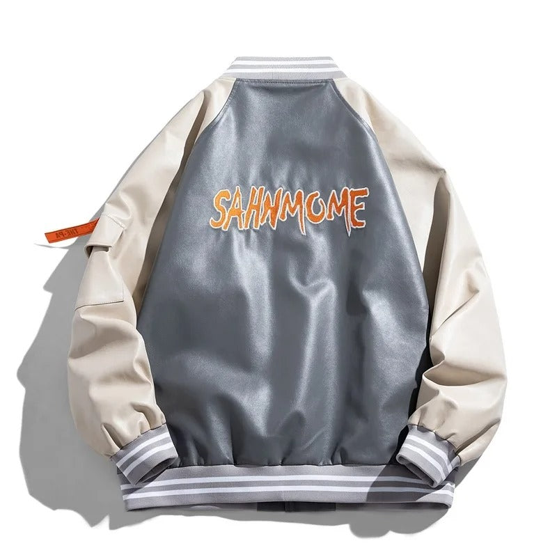Jaqueta Varsity Masculina de Couro Sintético Bomber