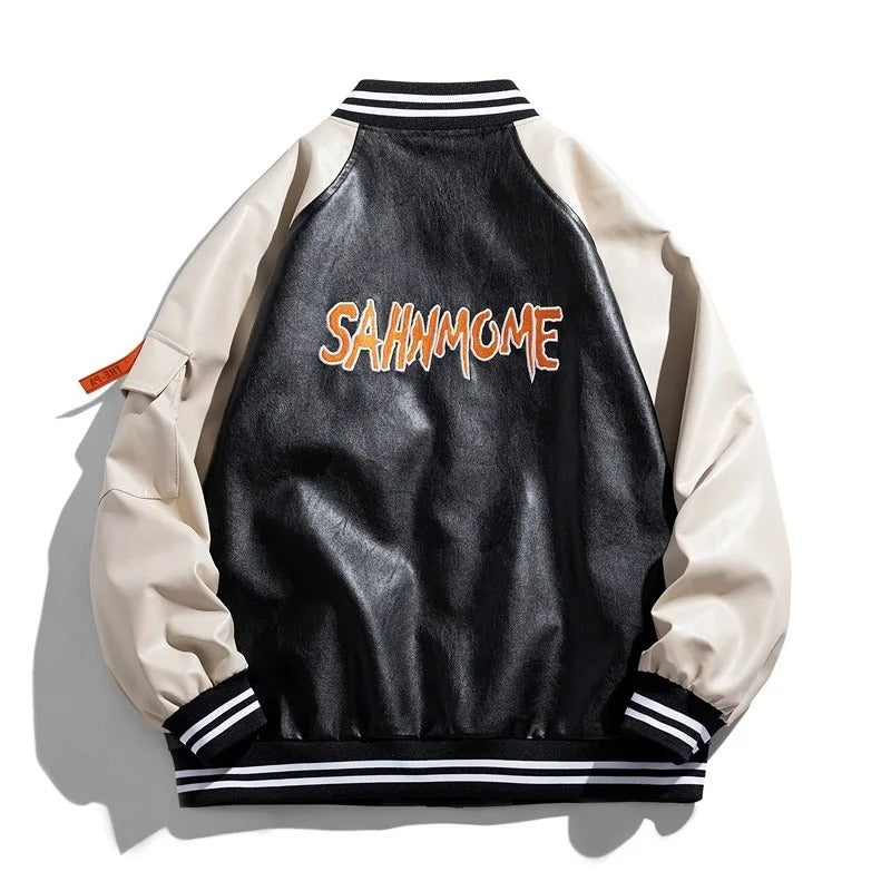 Jaqueta Varsity Masculina de Couro Sintético Bomber