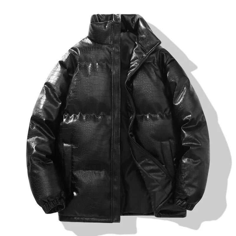 Jaqueta Parka Couro PU Xadrez Acolchoada | Unissex Inverno