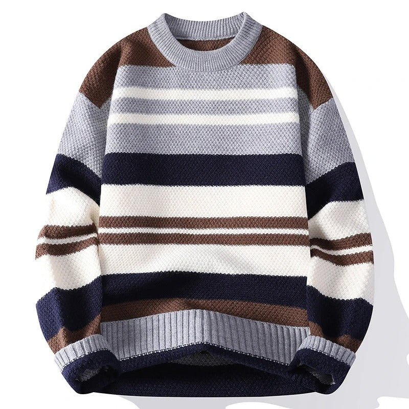 Suéter Masculino Tricô Listrado Gola Média Blusa de Frio Multicolor